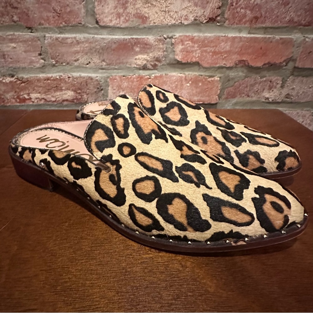 Sam Edelman Leopard Print Calf Hair Size 8.5 M Lewellyn Mules Shoes Women's